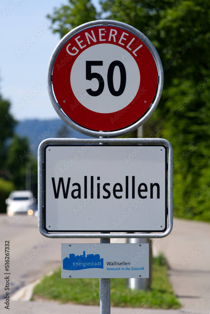 Close-up of traffic sign with and sign energy city on a sunny summer day at City of Wallisellen, Canton Zürich. Photo taken June 17th, 2022, Wallisellen, Switzerland. Close-up of traffic sign with and sign energy city on a sunny summer day at City of Wallisellen, Canton Zürich. Photo taken June 17th, 2022, Wallisellen, Switzerland.