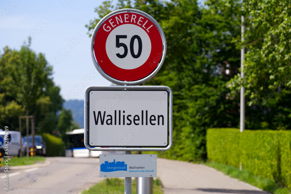 Close-up of traffic sign with and sign energy city on a sunny summer day at City of Wallisellen, Canton Zürich. Photo taken June 17th, 2022, Wallisellen, Switzerland. Close-up of traffic sign with and sign energy city on a sunny summer day at City of Wallisellen, Canton Zürich. Photo taken June 17th, 2022, Wallisellen, Switzerland.
