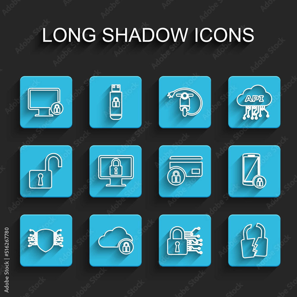 Set line Cyber security, Cloud computing lock, Lock on monitor, Broken cracked, Smartphone with and Credit card icon. Vector Set line Cyber security, Cloud computing lock, Lock on monitor, Broken cracked, Smartphone with and Credit card icon. Vector