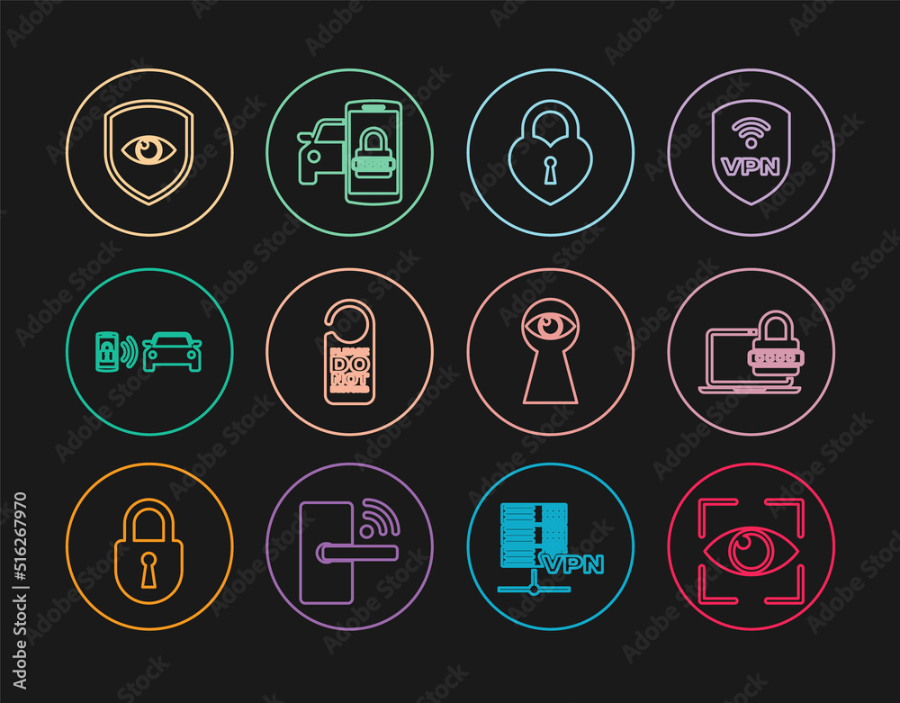 Set line Eye scan, Laptop with password, Castle in the shape of heart, Please do not disturb, Smart car alarm system, Shield and eye, Keyhole and security icon. Vector Set line Eye scan, Laptop with password, Castle in the shape of heart, Please do not disturb, Smart car alarm system, Shield and eye, Keyhole and security icon. Vector