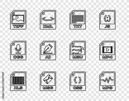 Set line XLS file document, MP3, TXT, MSG, TIFF, AI, CSS and MP4 icon. Vector