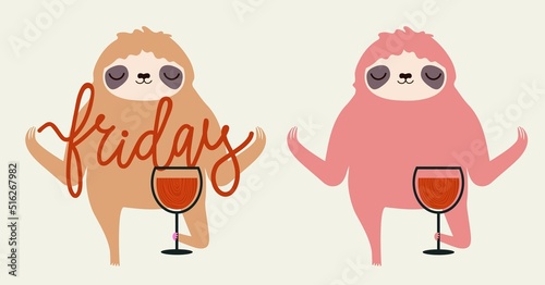 Vector set with sloth, wine glass and lettering word Friday. Colored typography poster collection with drink and animal