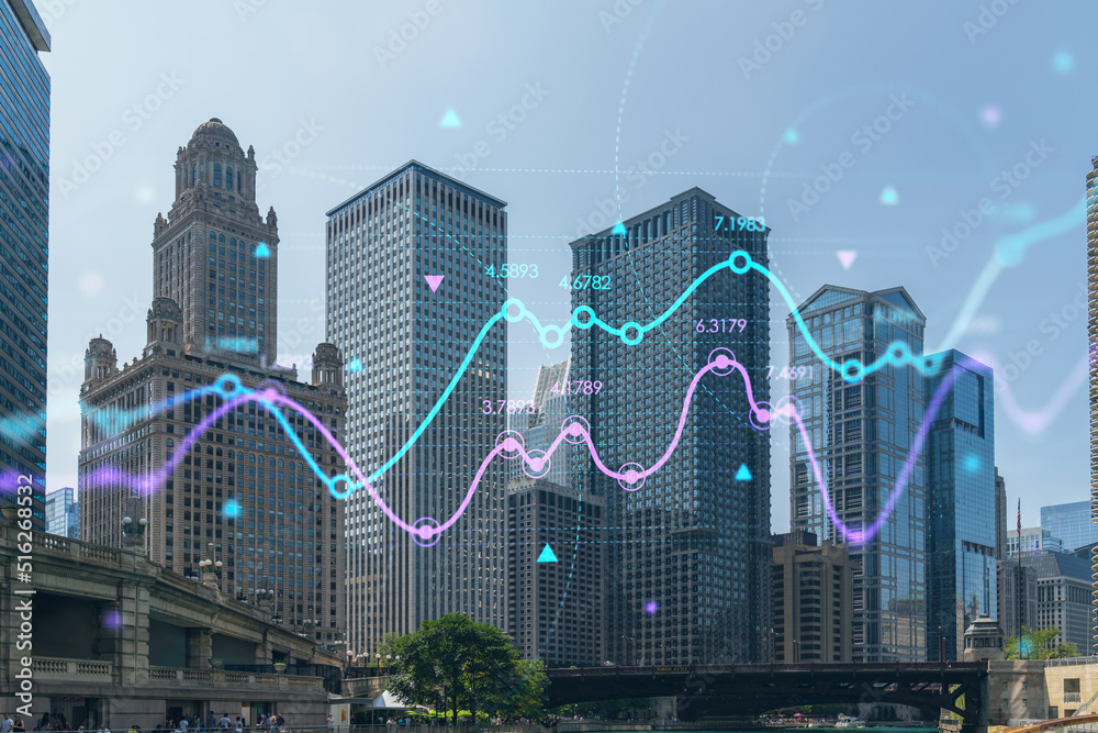 Panorama cityscape of Chicago downtown and Riverwalk, boardwalk with bridges at day time, Illinois, USA. Forex graph hologram. The concept of internet trading, brokerage and fundamental analysis Panorama cityscape of Chicago downtown and Riverwalk, boardwalk with bridges at day time, Illinois, USA. Forex graph hologram. The concept of internet trading, brokerage and fundamental analysis