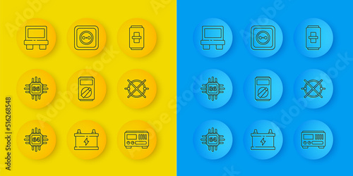 Set line Processor with microcircuits CPU, Multimeter, Electrical measuring instruments, scheme, Fuse, light switch and outlet icon. Vector
