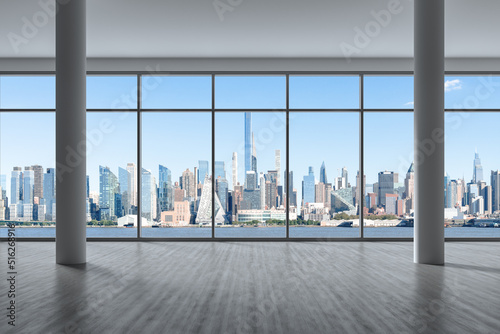 Midtown New York City Manhattan Skyline Buildings from High Rise Window. Beautiful Expensive Real Estate. Empty room Interior Skyscrapers View Cityscape. Day time. west side. 3d rendering.