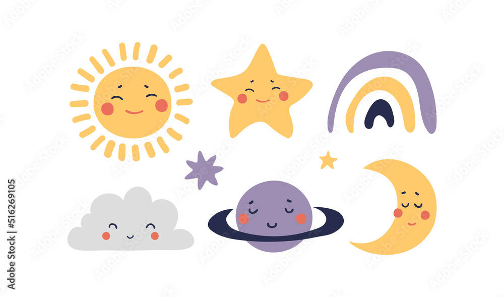A set of space celestial characters for a children s poster, a smiling sun, a sleeping moon, a planet with a face, a rainbow. Set of kids stickers, vector flat illustration isolated on white A set of space celestial characters for a children s poster, a smiling sun, a sleeping moon, a planet with a face, a rainbow. Set of kids stickers, vector flat illustration isolated on white