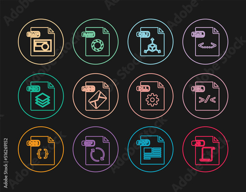 Set line JS file document, XSL, OBJ, MSG, PSD, BMP, DLL and RAW icon. Vector