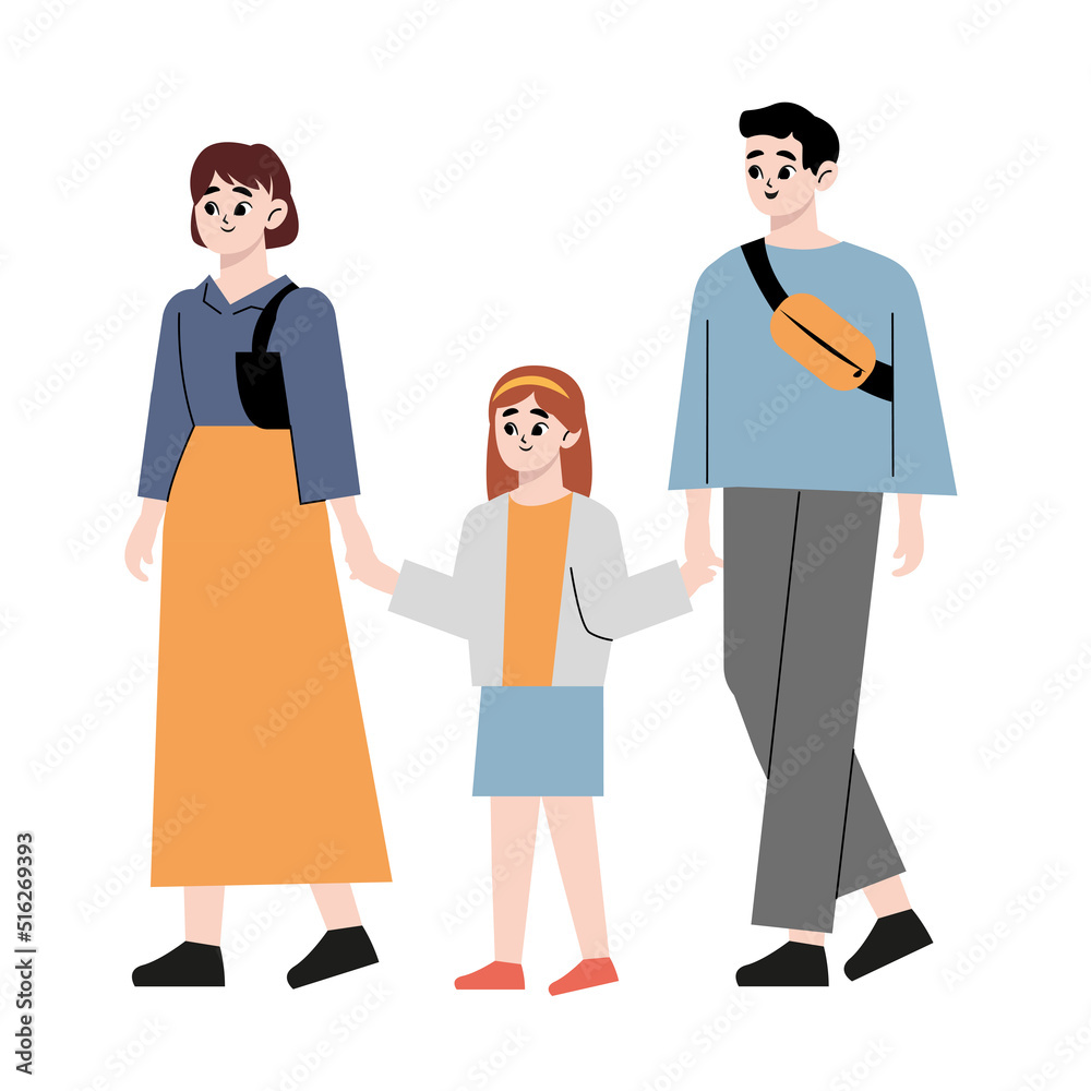 Family walking hand in hand. Flat drawn style vector design illustrations.