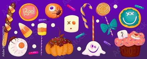 Halloween sweet dessert set clipart. Halloween eyeball, marshmallow, pumpkin and candy corn. Cartoon vector illustration. Creepy dessert for the autumn holiday for design