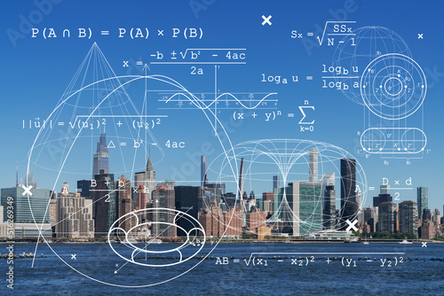 New York City skyline, United Nation headquarters over the East River, Manhattan, Midtown at day time, NYC, USA. Technologies and education concept. Academic research, top ranking university, hologram