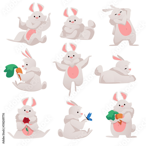 Set of illustrations with a cute gray rabbit. Cheerful rabbit stands, sits, dances eats carrots vector flat illustration