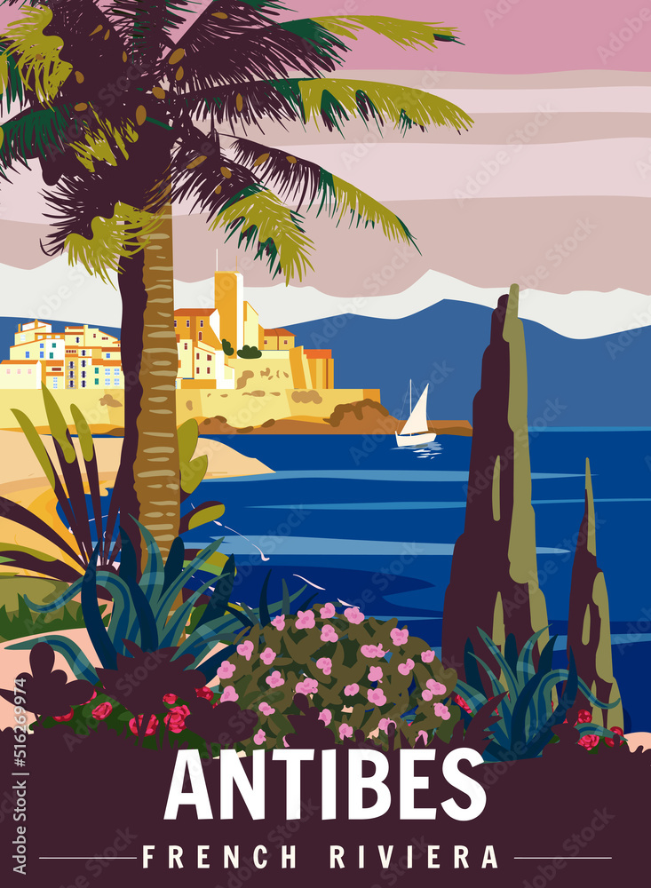 Antibes French Riviera Retro Poster. Tropical coast scenic view, palm, Mediterranean marine, sea town. Stock-vektor Adobe Stock