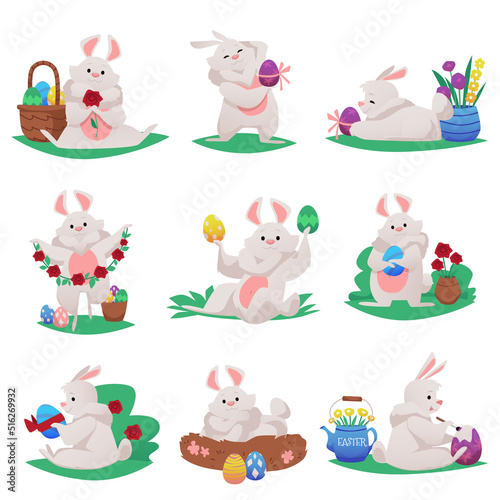 Cute cartoon rabbits celebrating Easter with eggs, flat vector illustration set