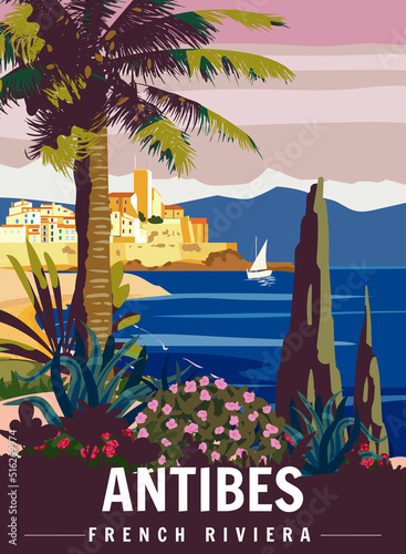 Antibes French Riviera Retro Poster. Tropical coast scenic view, palm, Mediterranean marine, sea town.