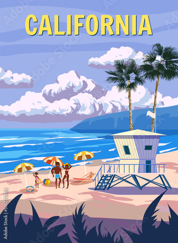 California Retro Poster. Family, lifeguard house on the beach, surfer, palm, coast, surf, ocean. Vector illustration vintage