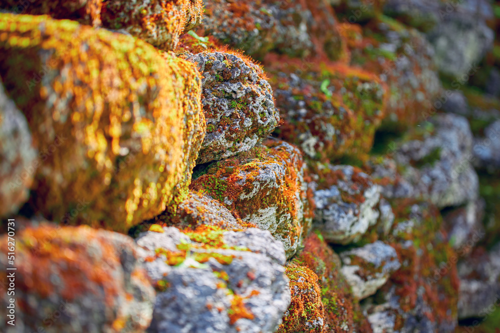 Masonry, selective focus. A wall of old muddy rough stones in the sunlight Masonry, selective focus. A wall of old muddy rough stones in the sunlight