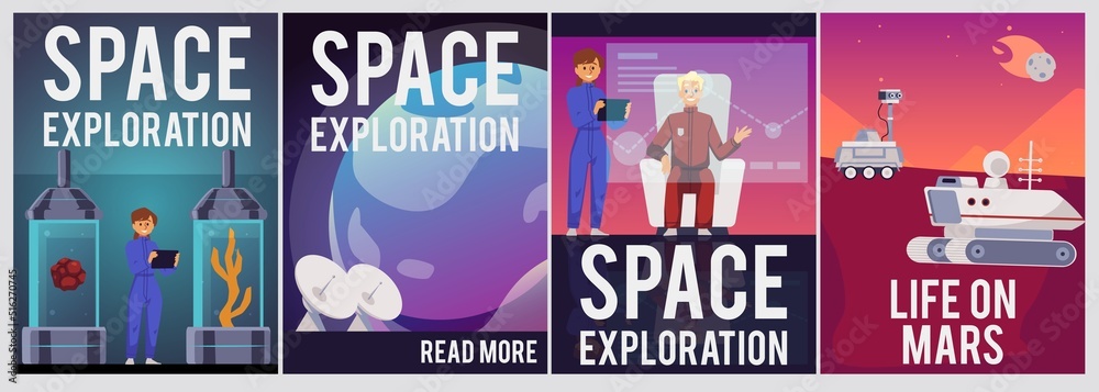 Set of vector illustrations with astronomical space ship. Poster with fantastic spaceship.