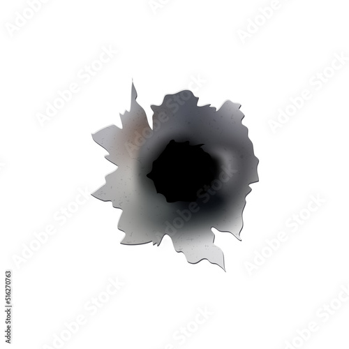 Bullet holes of gun or pistol. Shoot in metal single and double hole. Damage and cracks on surface. Vector isolated on background