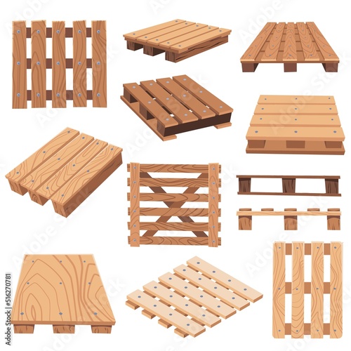 Set of wooden pallets for cargo transportation, vector flat illustration on a white background.