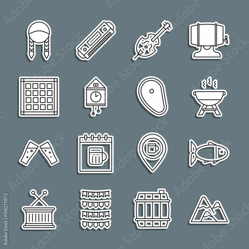 Set line Mountains, Fish, Barbecue grill, Violin, Retro wall watch, Checkered napkin, Braid and Steak meat icon. Vector