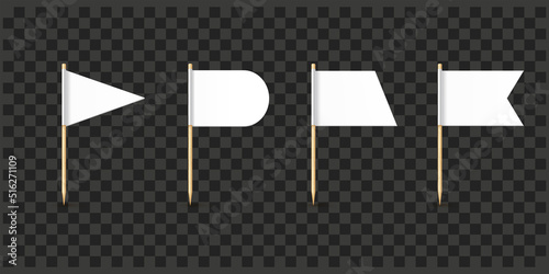 Toothpick flags isolated on wood stick with white paper. Realistic little tooth pick for lunch. Vector cocktail decoration