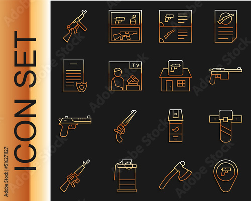 Set line Location with weapon, Knife holster, Mauser gun, Weapon catalog, Advertising, Firearms license certificate, Tommy and Hunting shop icon. Vector