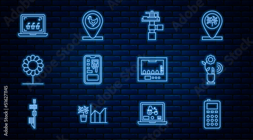 Set line Remote control, Smart farming technology, Automatic irrigation sprinklers, system, Flower, Incubator for eggs and Chicken and location icon. Vector