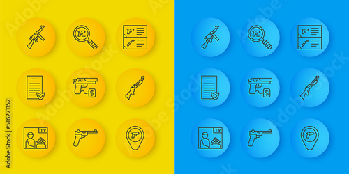 Set line Advertising weapon, Firearms license certificate, Buying gun pistol, Location with, Hunting, Tommy, Weapon catalog and Pistol or search icon. Vector