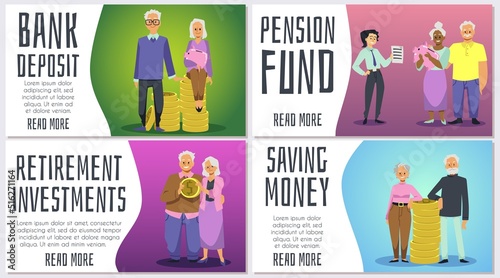 Pension fund concept with cartoon smiling old people, banners collection