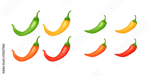 Chilli pepper spicy food level. Hot scale indicator with mild, medium, hot, extra positions. Icons with fire flames. Vector illustration