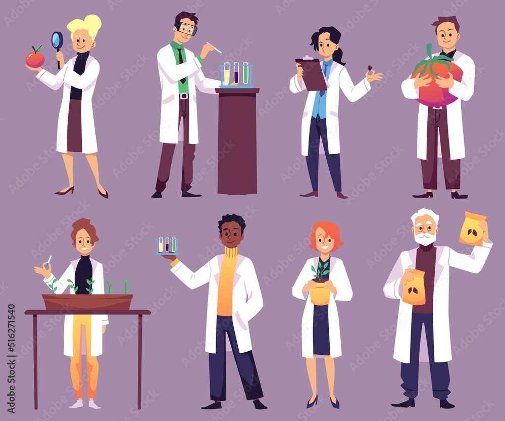 Agronomy scientists with vegetables, test tubes, seeds in their hands isolated Agronomy scientists with vegetables, test tubes, seeds in their hands isolated