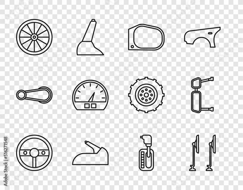 Set line Steering wheel, Windscreen wiper, Car mirror, handbrake, Speedometer, Gear shifter and Truck side icon. Vector photo