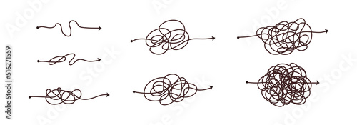 Simple line and complex easy way. Scribble doodle chaos mindset. Problem solving, difficult line. Vector hand drawn concept path