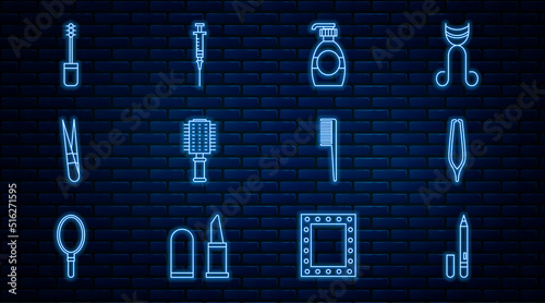 Set line Eyeliner, eyebrow, Eyebrow tweezers, Bottle of liquid soap, Hairbrush, Mascara, and Syringe icon. Vector