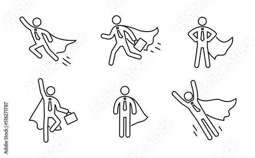 Superhero business pictogram man line icon set. Superhero businessman flying outline figure. Victory worker, employer pictogram person. Vector illustration.