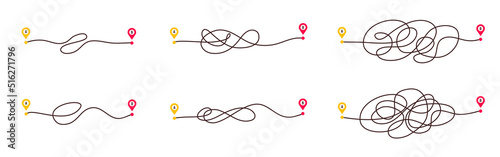 Complicated way and simple path from point A to B. Plans and real life chaos simplifying. Curved dashed line. Vector illustration