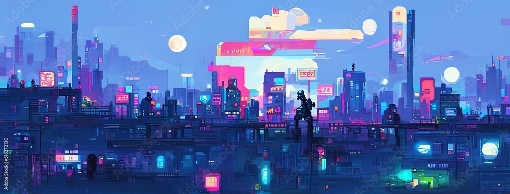 Cyberpunk neon city night. Futuristic city scene in a style of pixel art.  80's wallpaper. Retro future 3D illustration. Urban scene. Stock  Illustration