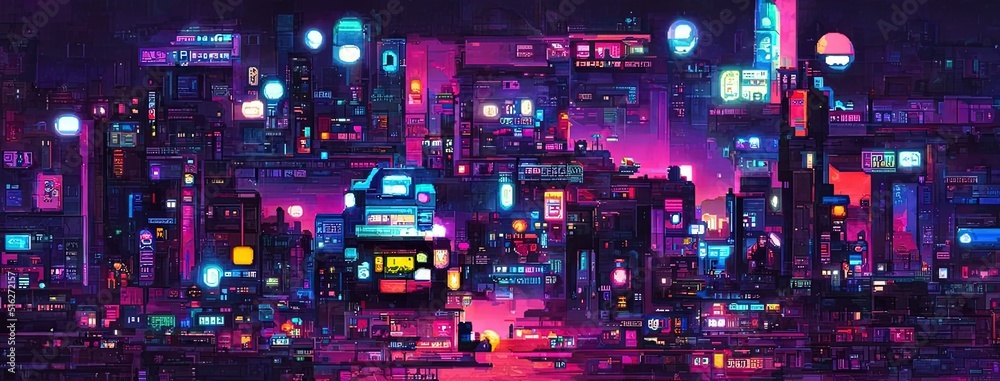 Cyberpunk neon city street at night. Futuristic city scene in a style of  pixel art. 80's wallpaper. Retro future 3D illustration. Urban scene. Stock  Illustration