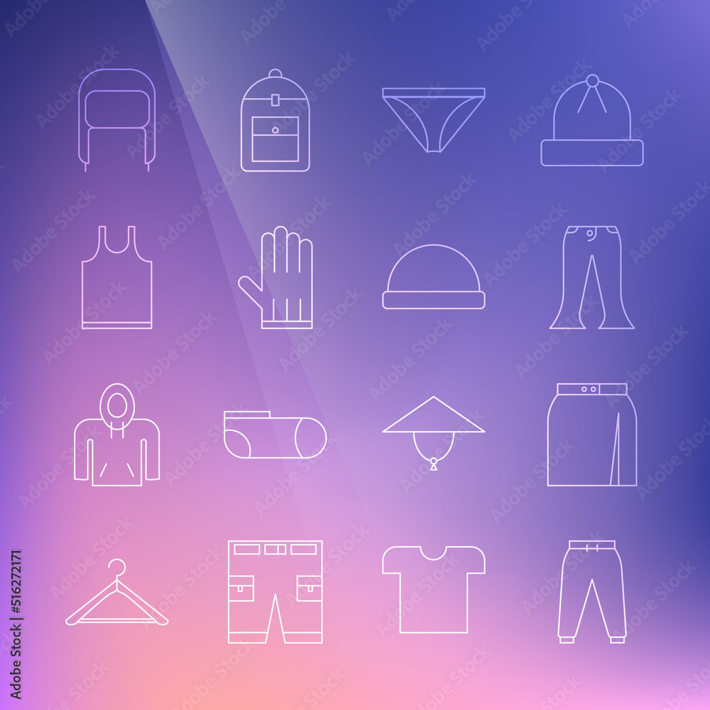 Set line Sport pants, Skirt, Pants, Men underpants, Leather glove, Sleeveless T-shirt, Winter hat with ear flaps and Beanie icon. Vector Set line Sport pants, Skirt, Pants, Men underpants, Leather glove, Sleeveless T-shirt, Winter hat with ear flaps and Beanie icon. Vector
