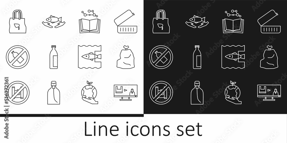 Set line Stop plastic pollution, Garbage bag, Open book, Lotion cosmetic tube, No bottle, Shopping with recycle, ocean and Fish care icon. Vector
