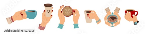 Set of woman hands with different cups with coffee. Morning hot drink. Coffee break. Hand drawn colored vector illustration isolated on white background. Modern flat cartoon style.