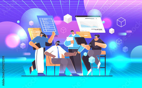 businesspeople in virtual reality glasses analyzing financial data on charts and graphs planning report market analysis accounting