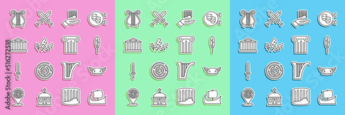 Set line Greek trireme, Helmet with wings, Feather pen, Ancient column, Zeus, Parthenon, lyre and icon. Vector