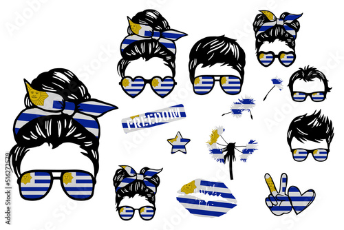 Family sublimation pack in colors of national flag on white background. Uruguay