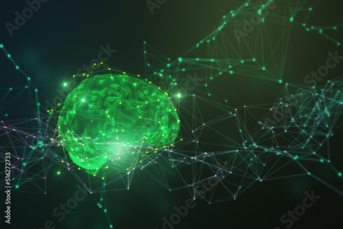 Abstract green polygonal brain hologram. AI and machine learnign concept. 3D Rendering.