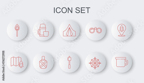 Set line Camping metal mug, Location of the forest, Tourist tent, Wind rose, Burning match with fire, Thermos container and cup, Canteen water bottle and Marshmallow stick icon. Vector