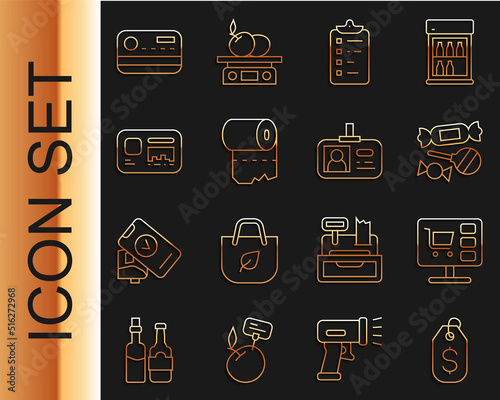 Set line Price tag with dollar, Shopping cart on computer, Candy, list, Toilet paper roll, Identification badge, Credit card and icon. Vector