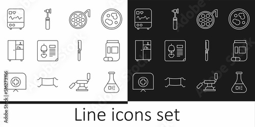 Set line Test tube and flask, Medicine bottle pills, Surgery lamp, X-ray shots, cabinet, Monitor with cardiogram, Medical saw and otoscope tool icon. Vector