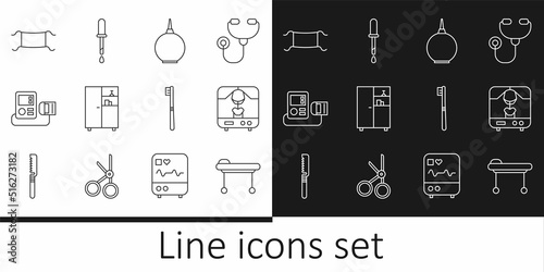 Set line Stretcher, X-ray machine, Enema, Medicine cabinet, Blood pressure, Medical protective mask, Toothbrush and Pipette icon. Vector