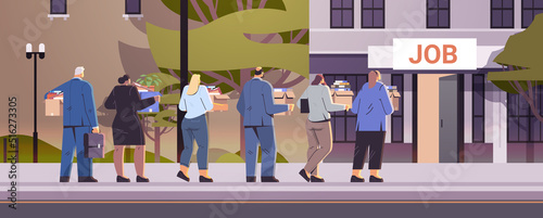 businesspeople candidates standing in line queue to door office hiring job employment crisis concept
